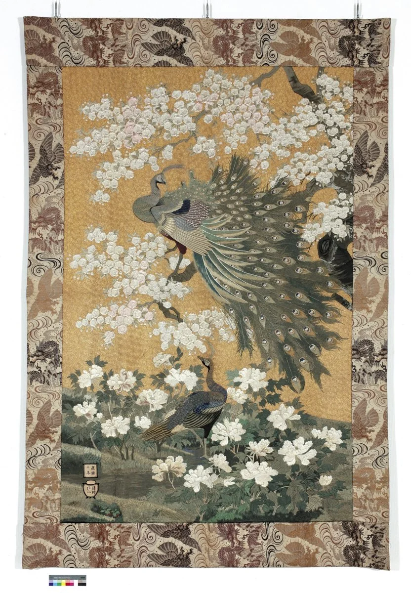 Embroidered Wall Hanging with a Peacock and Peahen, Cherry Blossom and Peonies Designed by Miki; Embroidered by Sumiyama Japan, c. 1900 H: 300 cm  W: 199 cm