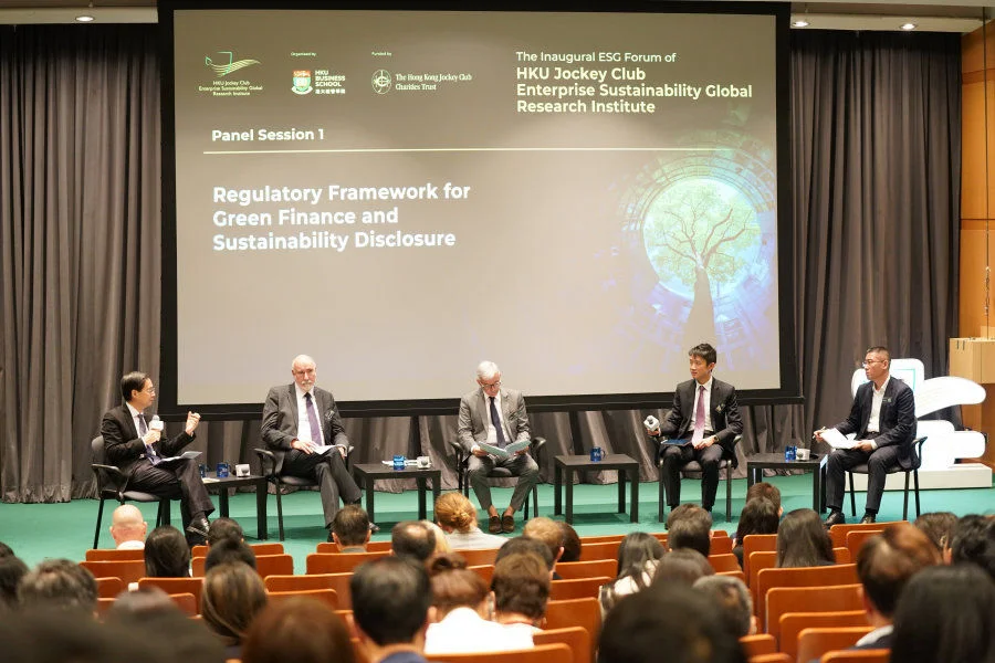 (From second left) Mr. Michael DUIGNAN, Executive Director (Corporate Finance) of Securities and Futures Commission; Mr. Sabino FORNIES-MARTINEZ, Minister Counsellor, Economic and Financial Affairs Section of EU Delegation Beijing; Mr. Kenneth HUI, Executive Director (External) of Hong Kong Monetary Authority; and Dr. Bing LENG, Member of International Sustainability Standards Board, participate in the panel discussion titled “Regulatory Framework for Green Finance and Sustainability Disclosure”, moderated by Professor Jun MA (first left), Professor of Practice of HKU Business School and Chairman and President of Hong Kong Green Finance Association.  