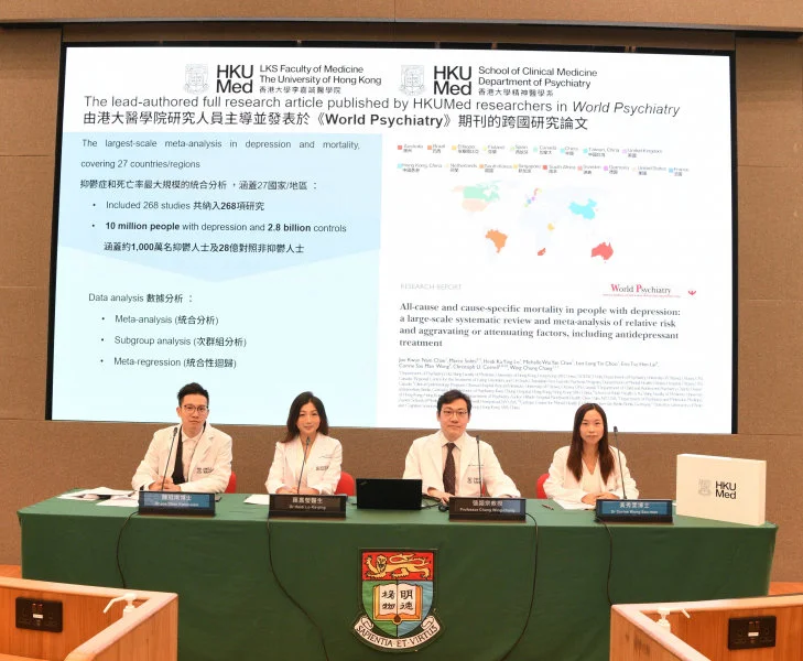 HKUMed has led the world’s largest meta-analysis on depression and mortality. The research team members include (from left) Dr Joe Chan Kwun-nam, Dr Heidi Lo Ka-ying, Professor Chang Wing-chung and Dr Corine Wong Sau-man.  