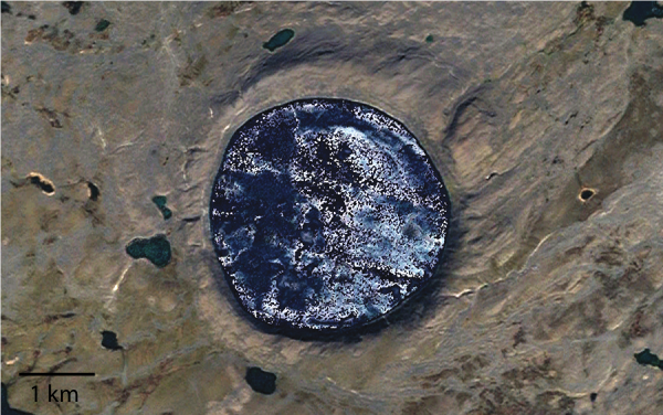 Figure 2: Pingualuit crater lake in Canada is a modern-day example of a cold impact crater-hosted lake on Earth analogous to ancient crater lakes on Mars. (Credit: Google Earth)  