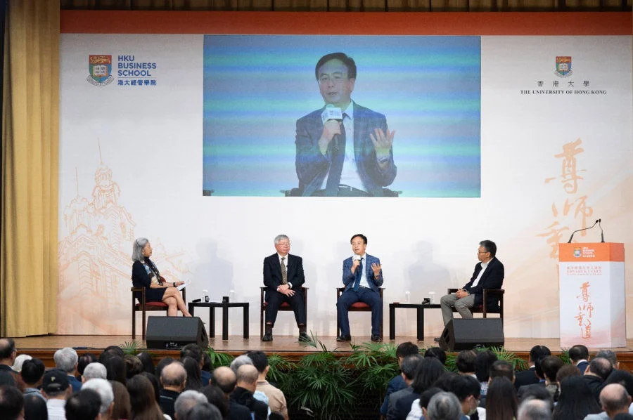 (From second left) Professor Hau LEE, Thoma Professor Emeritus of Operations, Information and Technology at the Graduate School of Business at Stanford University, Professor Max SHEN, Vice-President and Pro-Vice-Chancellor (Research), Chair Professor in Logistics and Supply Chain Management at HKU, and Mr. Andy TUNG, Co-Founder and Managing Partner, QBN Capital Limited and the Vice Chairman of China-United States Exchange Foundation, participate in the panel discussion, moderated by Ms. Marjorie YANG (first left), Chairman of Esquel Group.  