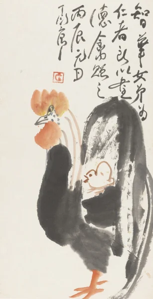 Virtuous rooster Vertical scroll, ink and colour on paper 1976 H.67.8 x W.34.8 cm HKU.P.2021.2550 Gift of Mr. LEE Chak Man and Ms. SIU Chi Wa