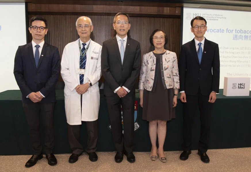 HKUMed advocates for consideration of a total ban on tobacco in Hong Kong. (from left: Professor Kelvin Wang Man-ping, Professor Lam Tai-hing, Professor Chak-sing Lau, Professor Sophia Chan Siu-chee and Dr Daniel Ho Sai-yin).  