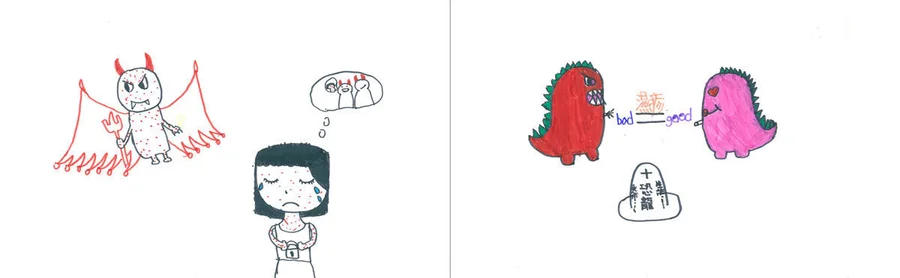 Positive changes revealed in children’s drawing. Drawing 1 shows the topic “My Eczema” before the intervention program. The child describes eczema as “the descending devil who takes away the key to my social life. When people laugh at my eczema, it is indeed the devil laughing at me as well. I am very unhappy about the devil.” Drawing 2 shows the same topic drawn after the 6-week intervention. The same child seemed to have changed her interpretation of eczema, describing it as “something that itches and bleeds sometimes (like the red dinosaur), but at other times it can be gentle and happy (like the pink dinosaur)”.