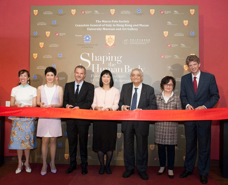 (From left) Ribbon-cutting ceremony by Director of the Ng Teng Fong Charitable Foundation Ms Nikki Ng, Chairman of the Marco Polo Society Ms Michelle Ong, Consul General of Italy in Hong Kong and Macau Mr Antonello de Riu, Director of Leisure and Cultural Services Ms Michelle Li Mei Sheung, Collector Mr Luigi Bellini, Vice-Chairman of the HKU Museum Society Mrs Anna Ann Yeung and UMAG Director Dr Florian Knothe.
