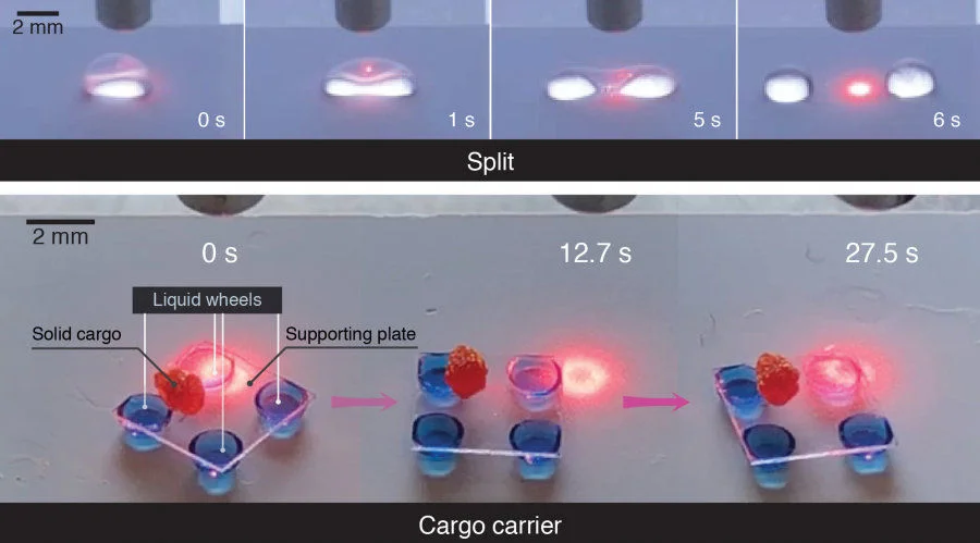  (upper photos) showing the split of an ethanol droplet by a beam of light on the photopyroelectric microfluidic platform. (below) showing a light-controlled cargo carrier with droplet wheels transporting a solid cargo.  