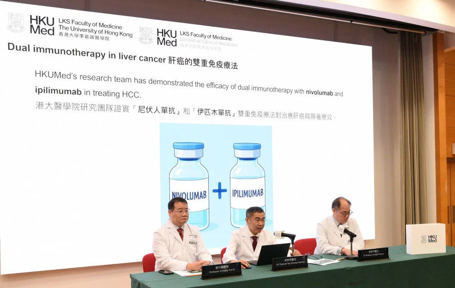 Following the significant effects of the ‘dual immunotherapy’, the new combination treatment has been approved from the FDA, EMA and NMPA for previously untreated advanced HCC patients. The research team includes (from left) Professor Cheung Tan-to, Dr Thomas Yau Chung-cheung and Dr Ronald Leung Ching-yu.  