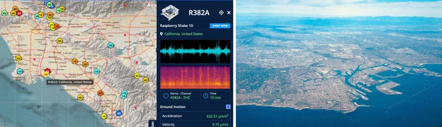 Left: Map of Los Angeles Basin. A live seismometer R382A in Long Beach is recording earth’s background vibrations, the panel shows a 10-minute noise. (Image credit: Raspberry Shake) Right: Aerial view of Long Beach Harbor and San Pedro, California. (Image credit: freeimages)