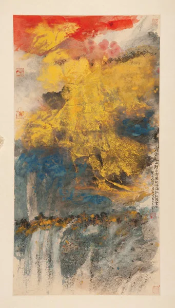 An exhibit from Clouds of Ink, Pools of Colour Frost on Autumn Mountain  Hou Beiren 2018 Ink and colour on paper 142 x 74 cm Gift of Hou Beiren HKU.P.2019.2459 ©University Museum and Art Gallery, The University of Hong Kong
