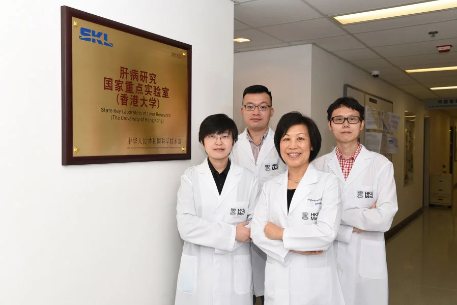 HKUMed identifies an important TIGIT-NECTIN2 immune checkpoint axis, leading into new treatment direction for liver cancer. The research team includes (front row from right): Professor Irene Ng, Chair Professor of the Department of Pathology, Loke Yew Professor in Pathology, HKUMed and Director of the State Key Laboratory of Liver Research (HKU); Dr Karen Sze Man-fong, Assistant Research Officer, Department of Pathology, HKUMed; (back row from right) Dr Tsui Yu-man, Post-doctoral Fellow and Dr Daniel Ho Wai-hung, Assistant Professor, Department of Pathology, HKUMed.  