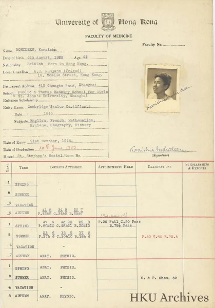 Koraishia Mohideen’s student registration with photo Image Courtesy of the University Archives of HKU