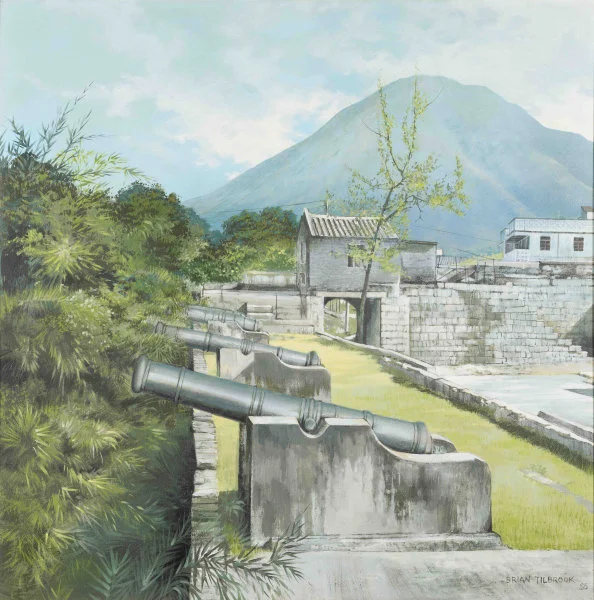 Tung Chung Fort  (Hong Kong Heritage series)  Mixed media on canvas H. 90 cm x W. 90 cm 1988 Collection of Robert Bunker