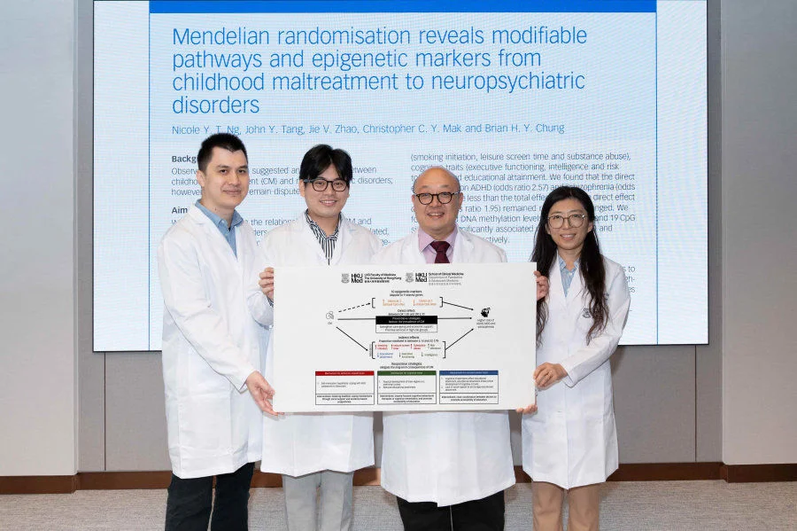 A research team led by Dr Brian Chung Hon-yin (third left) has revealed that individuals who experienced childhood maltreatment face markedly elevated mental health risks.  