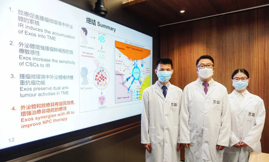 HKUMed develops a novel therapeutic approach against nasopharyngeal carcinoma by using exosomes derived from γδ-T cells synergise with radiotherapy. The research was led by Professor Tu Wenwei, Department of Paediatrics and Adolescent Medicine, School of Clinical Medicine, HKUMed (middle) and Dr Wang Xiwei, post-doctoral fellow of Professor Tu’s team (left), is the first author. PhD student Zhang Yanmei (right) is a member of the research team.  