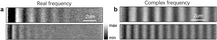 Figure 2. 1D Polariton propagation (from left to right) using hBN film operating at optical frequency. (a) Real frequency images show obvious decay field profile at propagation direction. (b) Complex frequency measurements provide almost non-dissipative propagation behavior.  (Figures adapted from Nature Materials, 2024, doi.org/10.1038/s41563-023-01787-8)  
