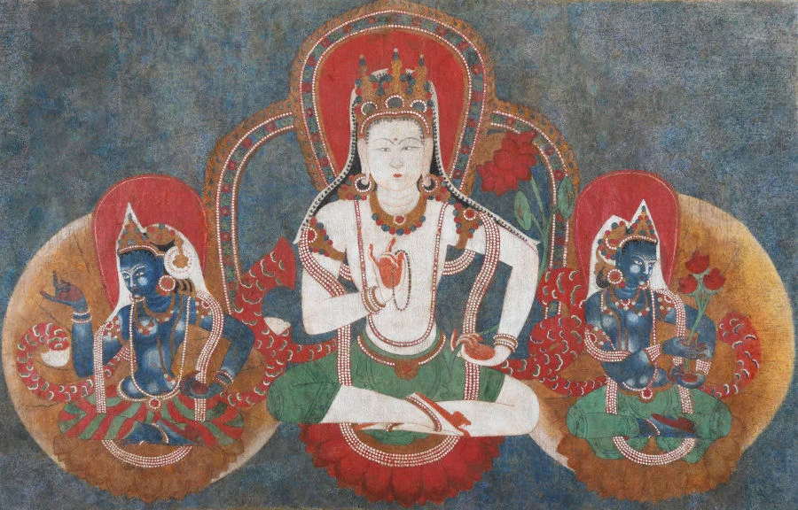 Thangka of Avalokiteshvara and two offering goddesses Western Tibet 15th century Pigment and gold on cloth H. 43 x W. 67 cm Private collection