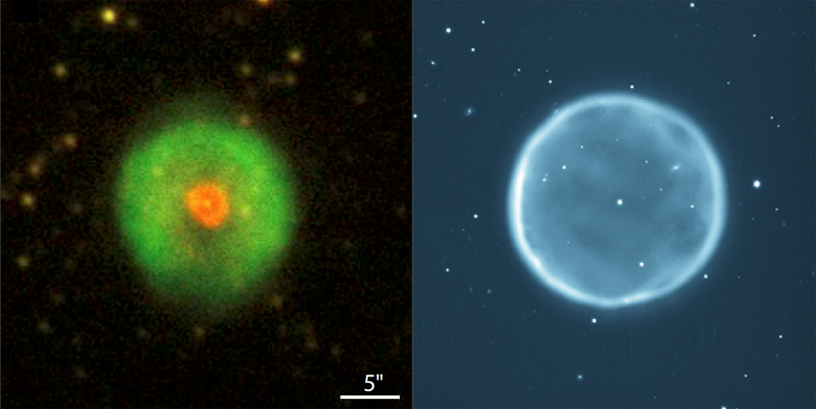 Planetary nebula HuBi 1 (left) and another planetary nebula Abell39 (right, 6800 light years away from our solar system). Abell39 is an archetypal, textbook case of a spherical nebula surrounding a bright central star (a white dwarf), its nebula composes of hydrogen-rich ionized gas. HuBi 1, its central star has undergone a “born-again” event ejecting metal-rich material into the old, hydrogen-rich nebula, has a double-shell structure – a hydrogen-rich outer shell and a nitrogen-rich inner shell. (HuBi 1 image adopted from Guerrero, Fang, Miller Bertolami, et al., 2018, Nature Astronomy, tmp, 112. Image credit for Abell39: The 3.5m WIYN Telescope, National Optical Astronomical Observatory, NSF. URL: https://www.noao.edu)