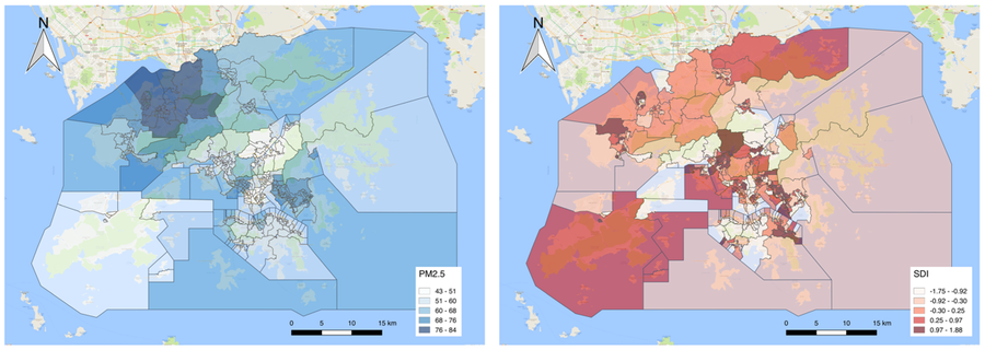 Visualization of PM2.5 pollution estimates and Social Deprivation Index at the constituency area level in Hong Kong. (Darker colours correspond to higher values of air pollution and SDI.)