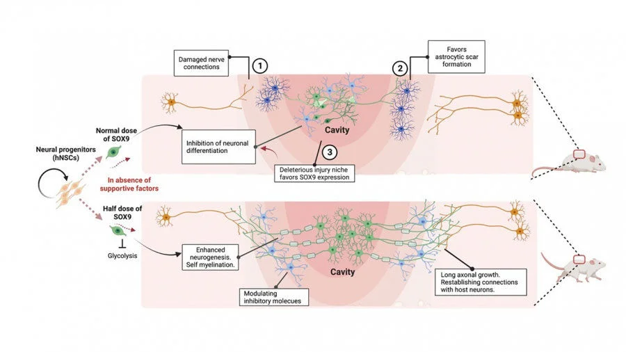 Spinal cord injury (SCI) causes nerve damage and the injury environment favours SOX9 expression; grafting of hNSCs with a half dose of SOX9 acquires unique intrinsic capacity resulting in enhanced neurogenesis, long axonal growth, and establishing neuronal connectivity with the host that restores walking capacity and temperature sensation of the SCI animals.  
