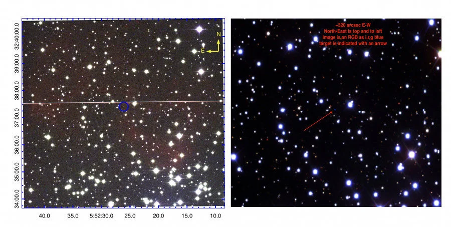 Figure 2. Fig. 2a left panel: An enhanced 6.5 x.5 arcminute colour-composite RGB image of PN IPHASX J055226.2+323724 from the IPHAS survey (Drew et al. 2005) that we confirm as a physical member of the Galactic open cluster M37. Red = Hα, Green = broad band red and Blue = broad band ‘i’. The CSPN is circled in blue; Fig. 2b right panel: 190 x145 arcsecond RGB image created from SDSS with red = i, green = r and blue = g-band. These data clearly shows the faint CSPN (arrowed) at the centre. North is top and East is to the left in both images.  